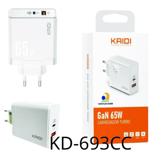 Fonte / Carregador Turbo GaN 65W PD + USB - Kaidi - KD-681
